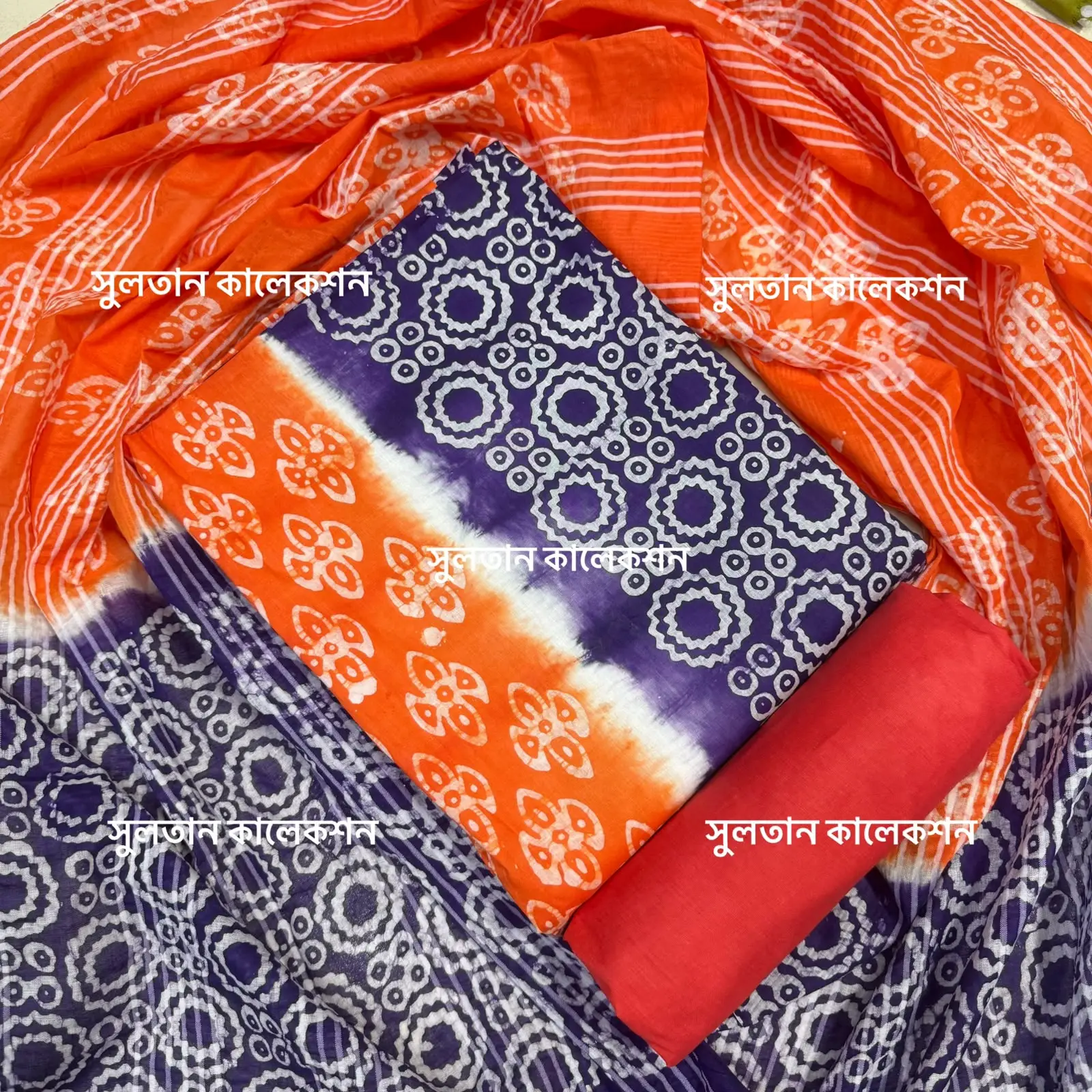 আনস্টিচ প্রিমিয়াম কটন বাটিক থ্রি-পিস জামা + ওড়না + প্যান্ট